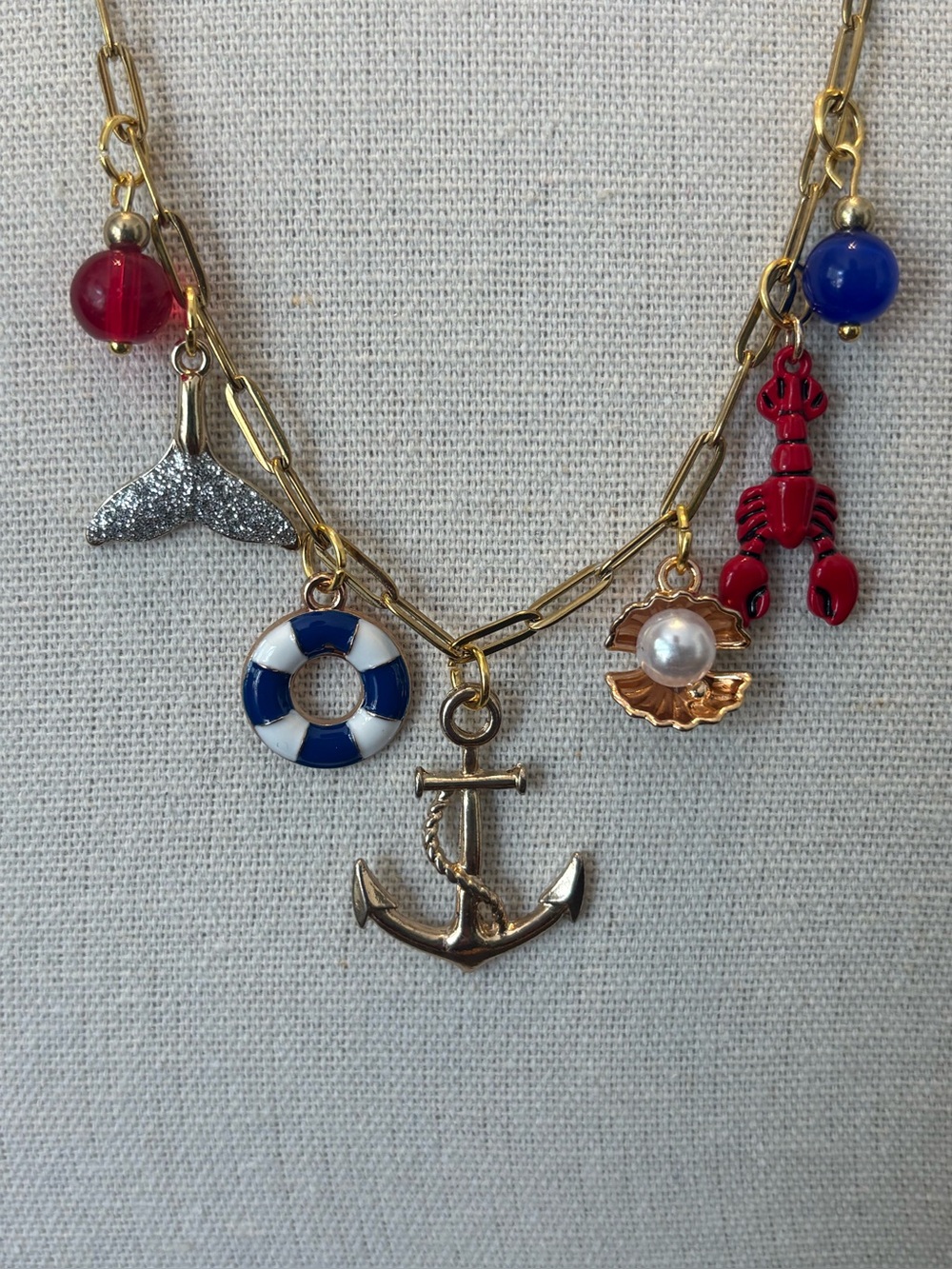 Nautical Charm Anchor Necklace with Red & Blue Accents-Handmade